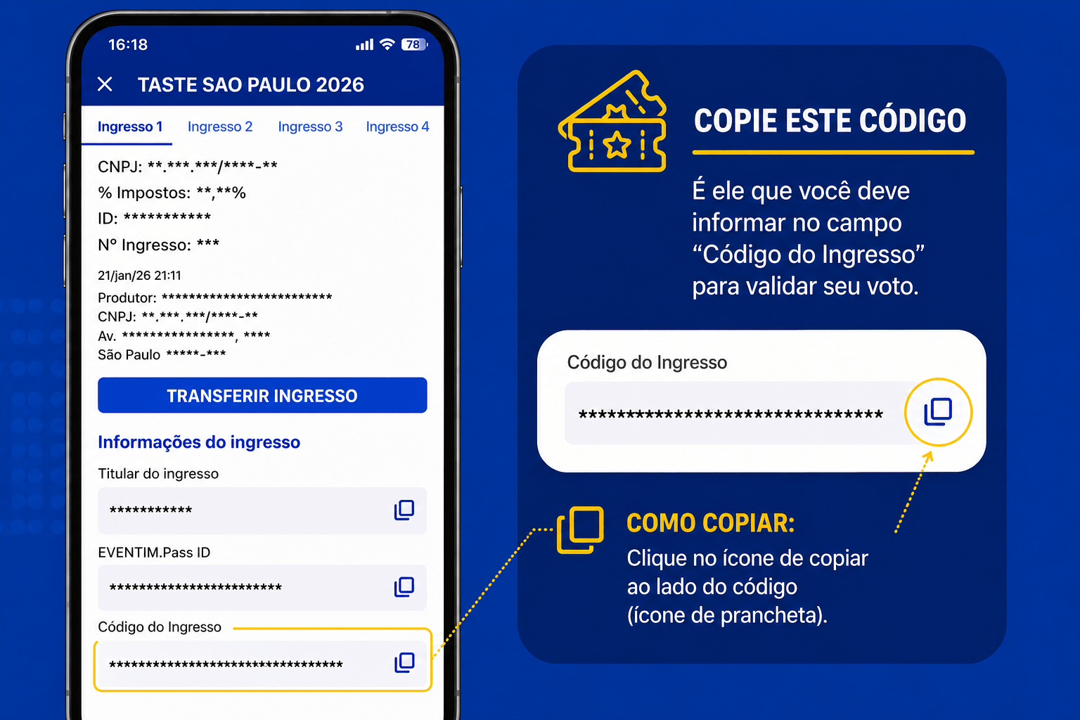 Exemplo de ingresso digital Eventim: o código fica em Informações do ingresso, no campo Código do Ingresso — toque no ícone de copiar ao lado.